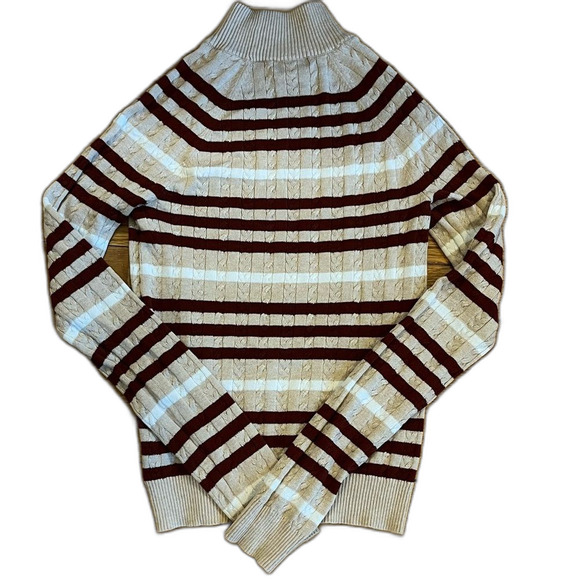 Hooked Up Striped Mock Neck Cable Knit Sweater Tan Burgundy Size Small - Picture 2 of 8